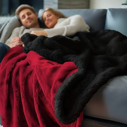 Waterproof Standard Throw Blanket for Couch and Bed-Double-Sided Sherpa Fleece, Mess-Free and Stain Proof, Ideal for Love and Relaxation (Velvet Red/Obsidian Black) Bedding Aid