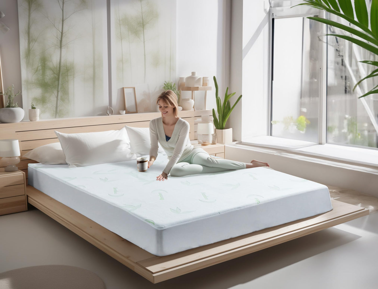 Mattress Protector, Premium Waterproof & Breathable Bamboo Mattress Cover with Deep Pockets Up to 21'', Bedding Aid