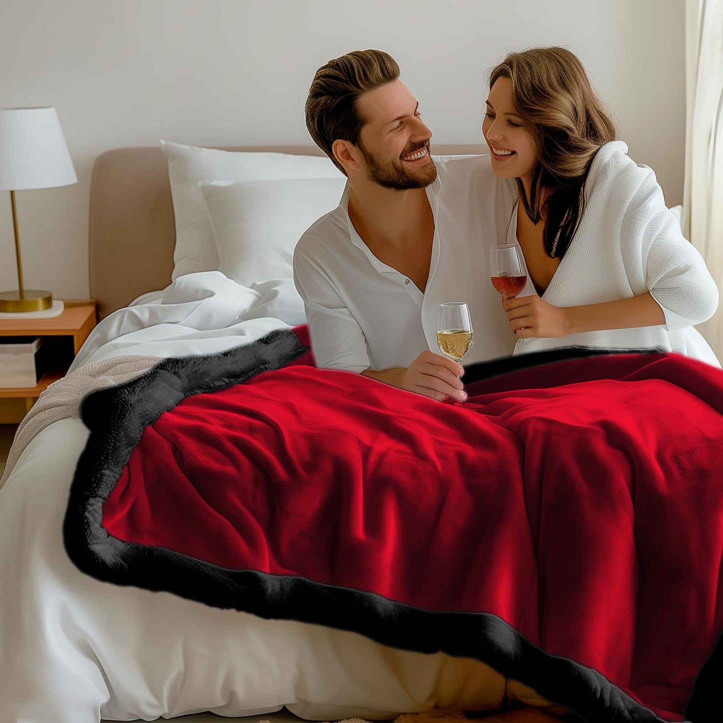 Waterproof Standard Throw Blanket for Couch and Bed-Double-Sided Sherpa Fleece, Mess-Free and Stain Proof, Ideal for Love and Relaxation (Velvet Red/Obsidian Black) Bedding Aid