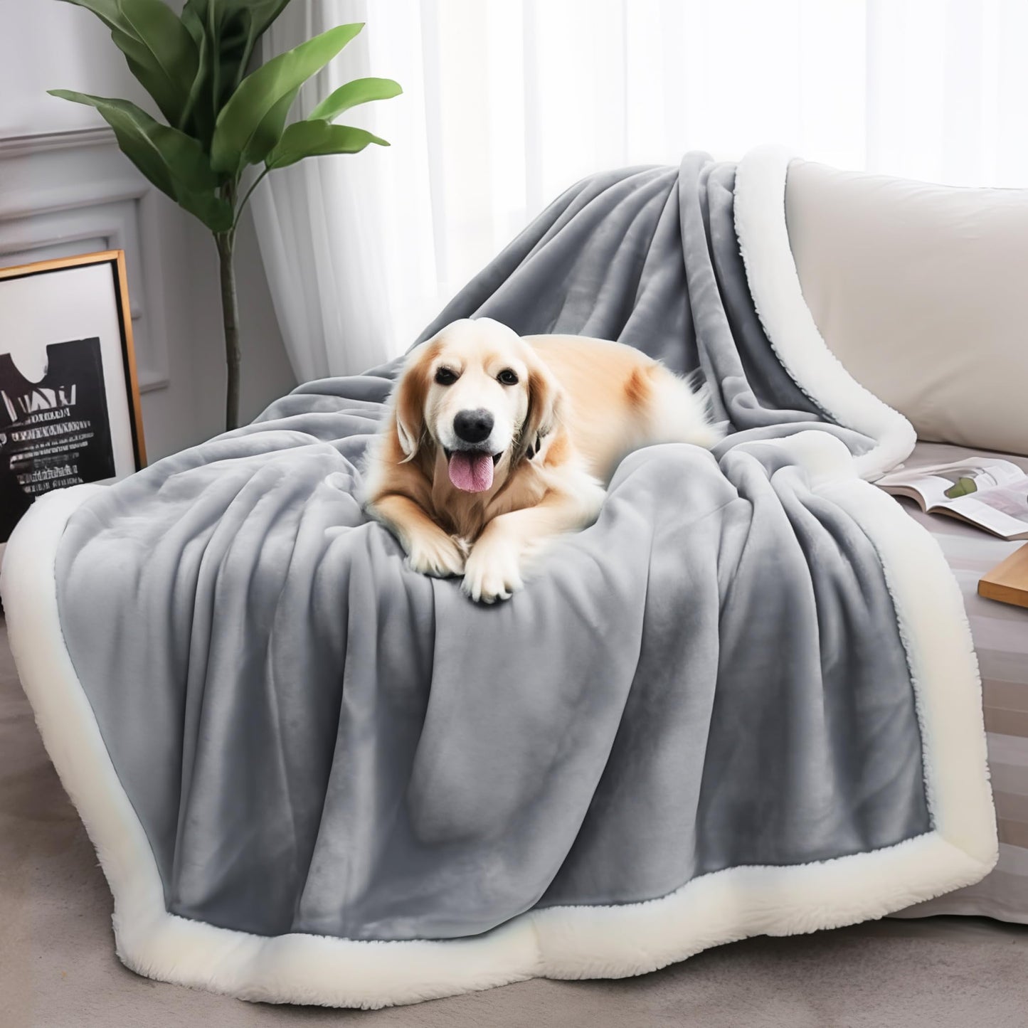 Waterproof Standard Throw Blanket for Couch and Bed-Double-Sided Sherpa Fleece, Mess-Free and Stain Proof, Ideal for Love and Relaxation (Velvet Gray/Cloud White) Bedding Aid