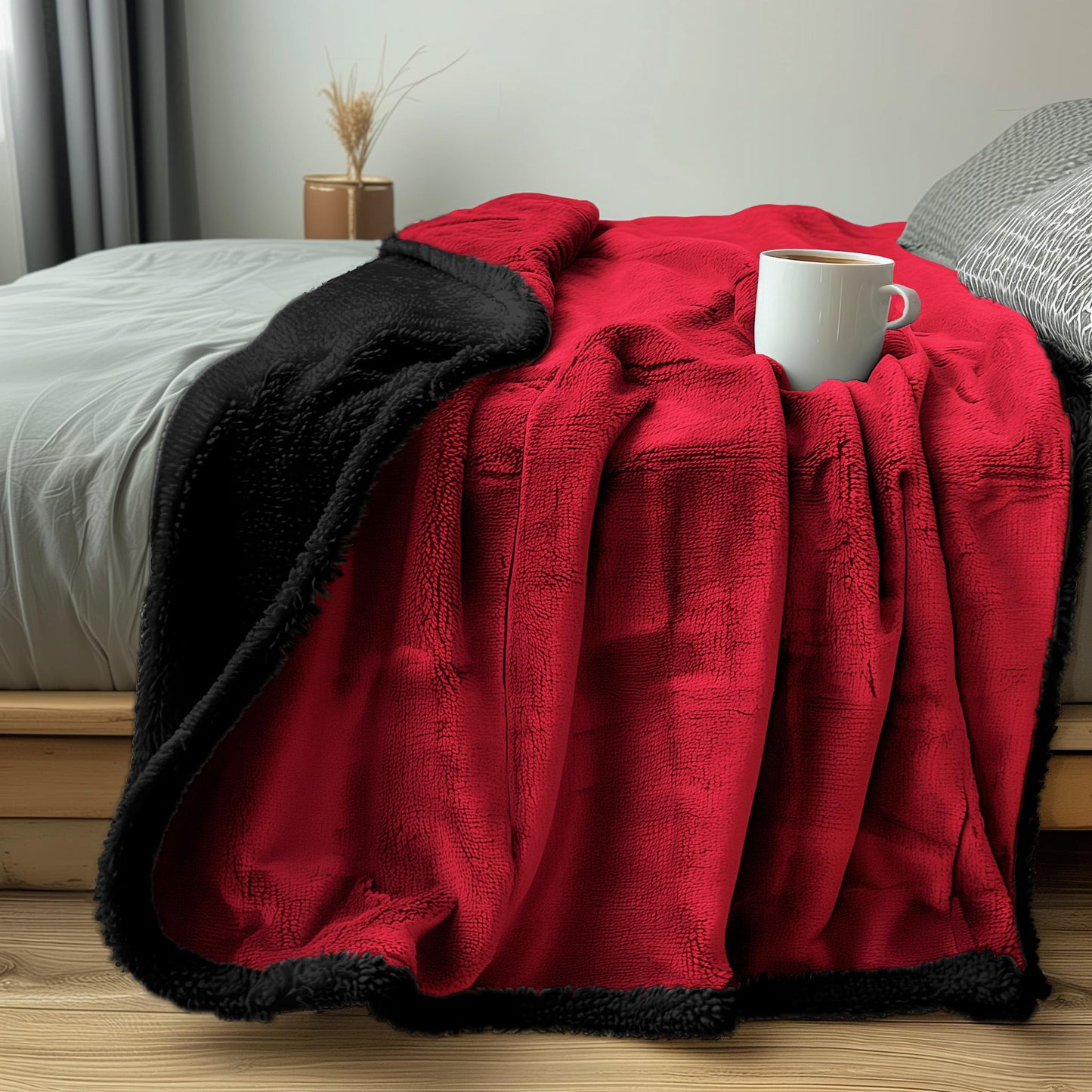 Waterproof Standard Throw Blanket for Couch and Bed-Double-Sided Sherpa Fleece, Mess-Free and Stain Proof, Ideal for Love and Relaxation (Velvet Red/Obsidian Black) Bedding Aid