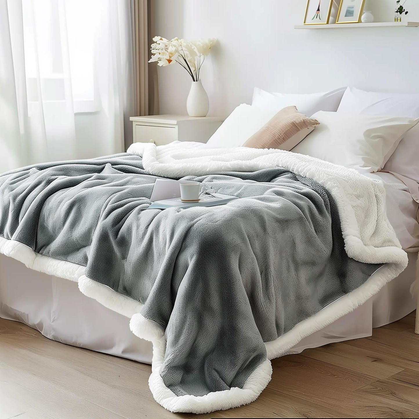 Waterproof Standard Throw Blanket for Couch and Bed-Double-Sided Sherpa Fleece, Mess-Free and Stain Proof, Ideal for Love and Relaxation (Velvet Gray/Cloud White) Bedding Aid