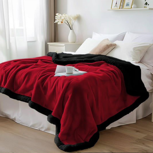 Waterproof Standard Throw Blanket for Couch and Bed-Double-Sided Sherpa Fleece, Mess-Free and Stain Proof, Ideal for Love and Relaxation (Velvet Red/Obsidian Black) Bedding Aid